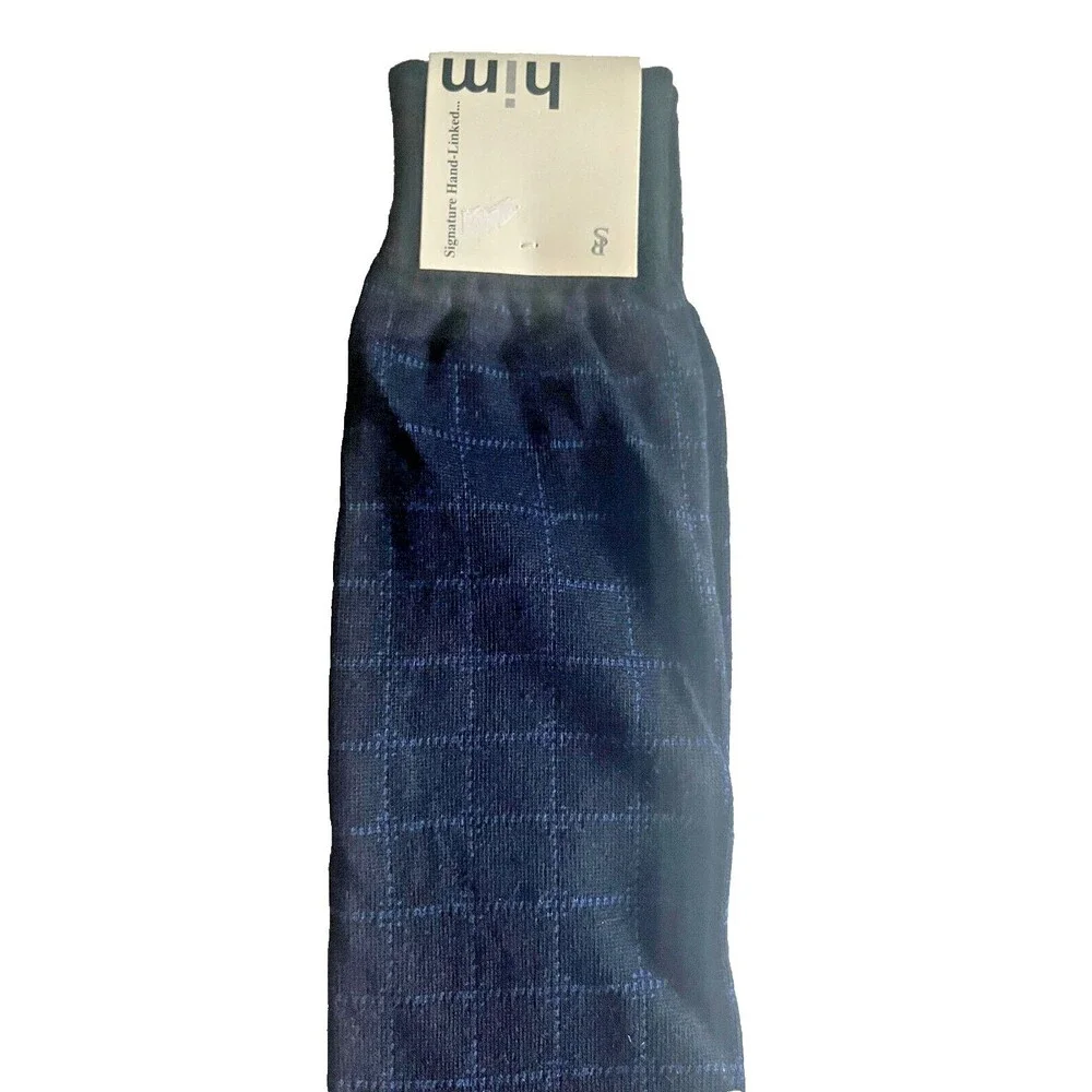 HIM Mens Dress Socks Over the Calf Navy Window Pane Designer Cotton Blend 10-13
